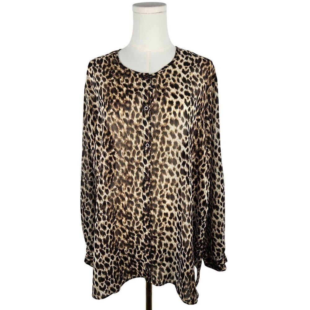 Clara Sunwoo Blouse Size 1X Leopard Animal Print Button Front Tan EUC!
